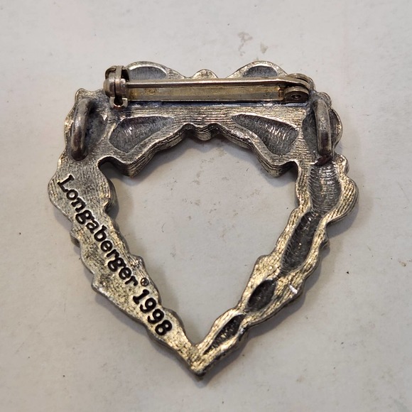 Longaberger Pewter Rose Heart Tie On Brooch Pendant Silver Tone Accessory 1998 - Picture 3 of 5